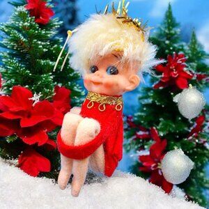 Vintage Napco Pixie Elf Knee Hugger Ornament Tinsel Angel Halo Red Felt Blue Eye